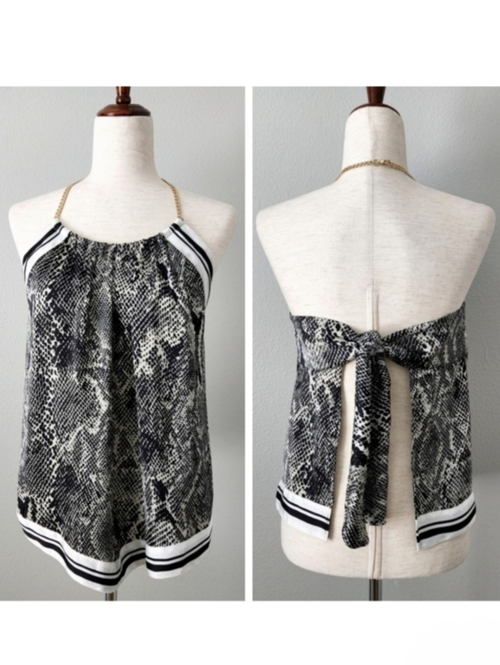Express Black & White Snakeskin Pattern & Striped Tie Up Halter Top, Size Small